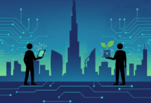 UAE skyline with AI and Startup symbols, representing the rise of tech startups in the UAE